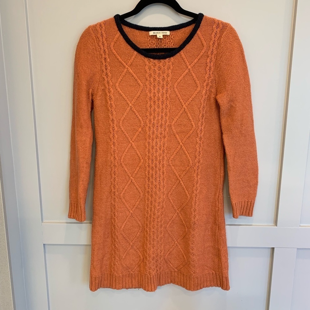 😍 - Season Wind-Burnt Orange Sweater Dress -Navy Blue neckline detail -Sz M … - Picture 7 of 10